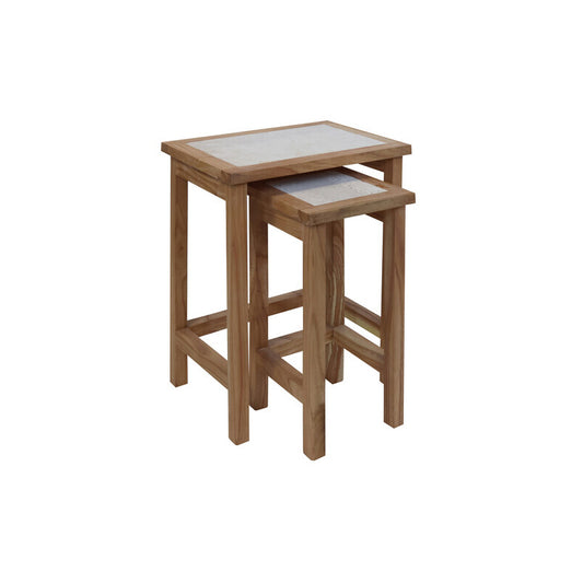 Set Of 2 Tables, Solid Wood With Travertine Tops