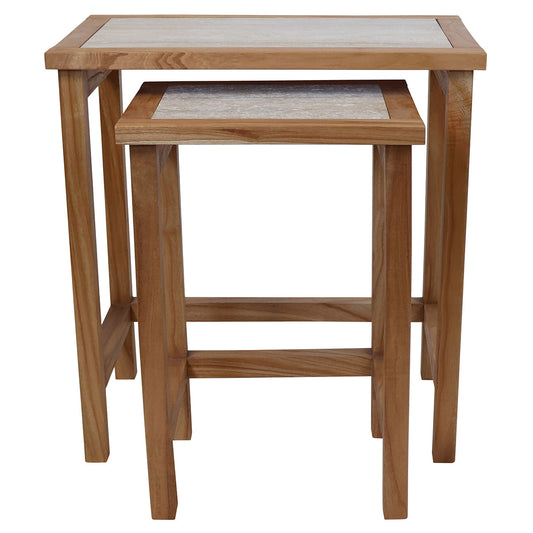 Set Of 2 Tables, Solid Wood With Travertine Tops