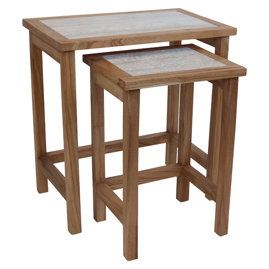 Set Of 2 Tables, Solid Wood With Travertine Tops