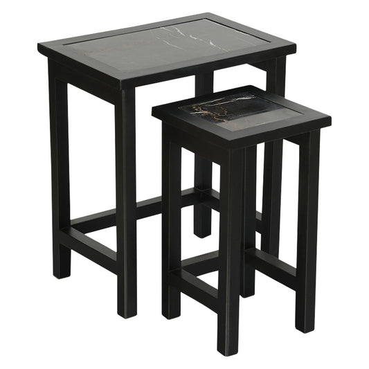 Set Of 2 Tables, Solid Wood With Black And White Tops