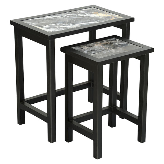 Set Of 2 Tables, Solid Wood With Black And White Tops