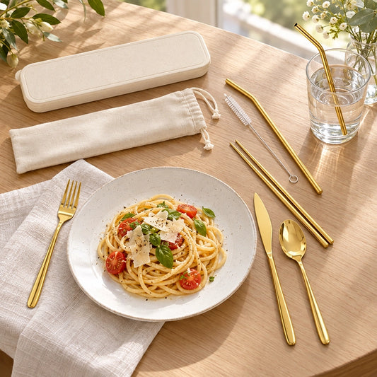 6-piece gold cutlery set with beige travel box, fork, knife and spoon laid beside a pasta and tomato dish on a wooden table