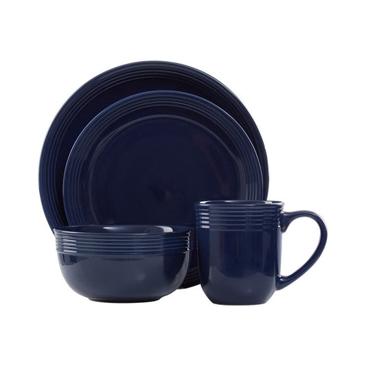 Elmira 16 Piece Dark Blue Stoneware Dinner Set With Grooves