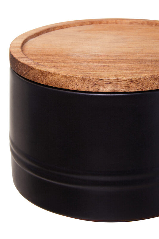 Decorative Sml Black Storage Jar W/Acacia Lid 11 D X 7.5Cm