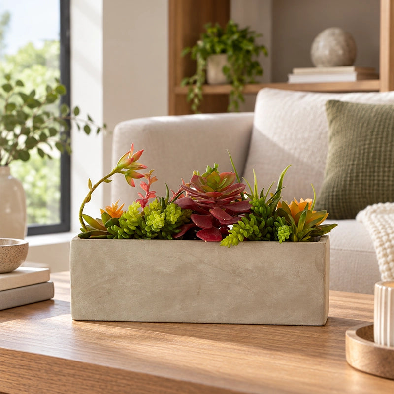 Artificial succulents in a rectangular grey cement pot displayed on a wooden indoor surface