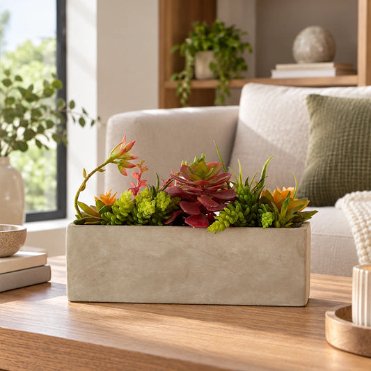 Artificial succulents in a rectangular grey cement pot displayed on a wooden indoor surface