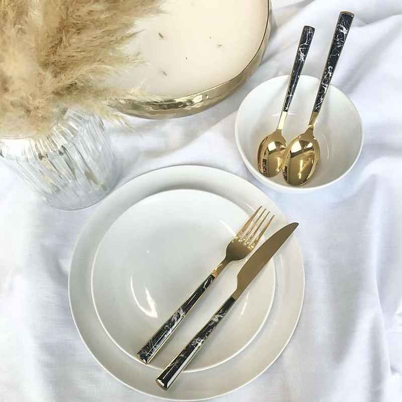 Avie 16pc Black Faux Marble Cutlery Set