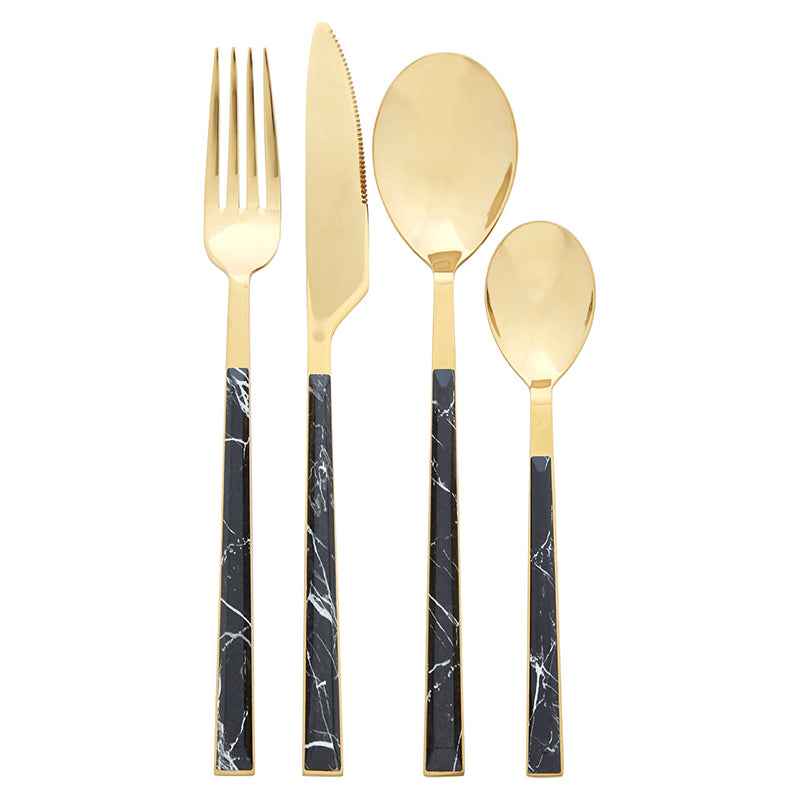 Avie 16-piece black faux marble cutlery set, modern flatware for stylish dining.