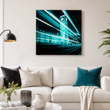Big Ben glass wall art with blue London night design displayed above a modern living room sofa