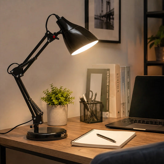Black adjustable desk lamp with warm light on study table