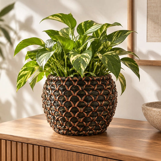 Black woven seagrass indoor plant pot with a lush green plant on a wooden surface