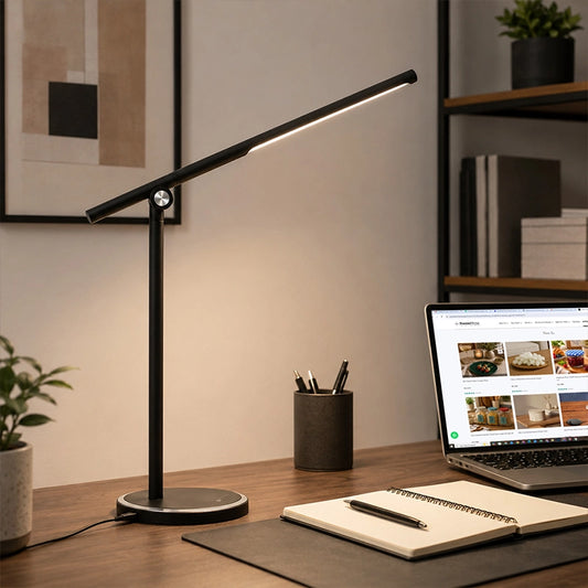 Black touch desk lamp with slim LED bar beside laptop and notebook