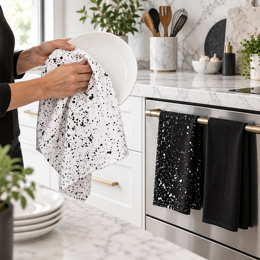 Black and white patterned cotton kitchen tea towels hanging on an oven rail in a modern white kitchen