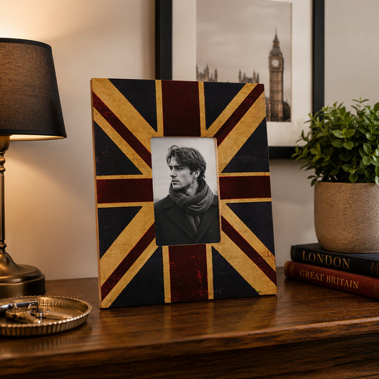 Black and gold 5x7 photo frame with geometric pattern on wooden table
