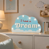 Blue cloud LED marquee light with dream text in kids bedroom