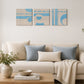 Blue and cream geometric wall art set with modern abstract shapes displayed above a living room sofa