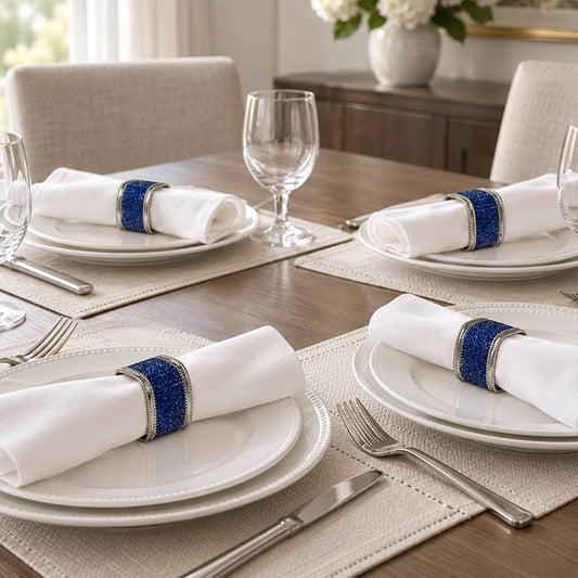 Blue square napkin rings holding white napkins on a formal dinner table setting