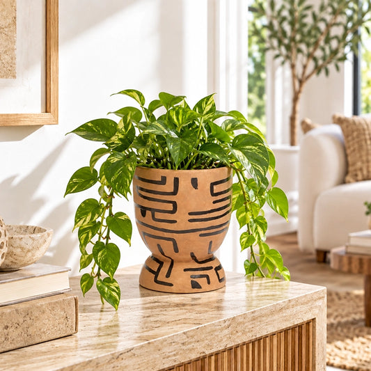 Decorative brown textured planter holding a green plant on a warm wooden indoor surface