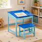 Blue kids desk and stool set with storage shelves in playroom