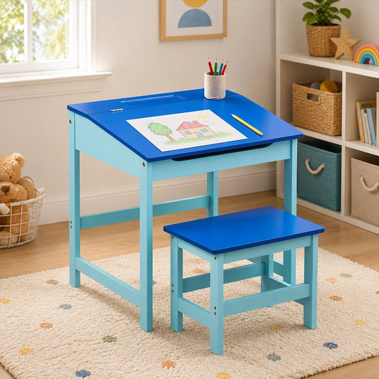 Blue kids desk and stool set with storage shelves in playroom