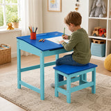 Child using blue desk and stool set for drawing in bright kids room