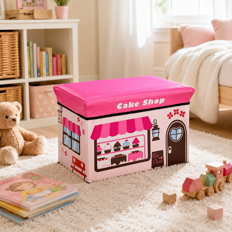 Pink cake shop kids storage box seat with toys in a children’s bedroom