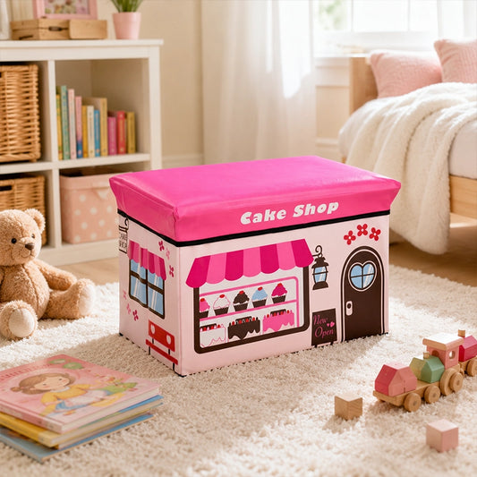 Pink cake shop kids storage box seat with toys in a children’s bedroom