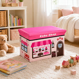 Pink cake shop kids storage box seat with toys in a children’s bedroom
