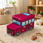 Hot pink school bus kids storage box seat in colourful playroom