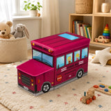Hot pink school bus kids storage box seat in colourful playroom