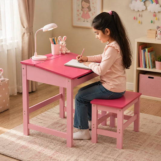 Pink children's desk and stool set with girl writing in kids bedroom