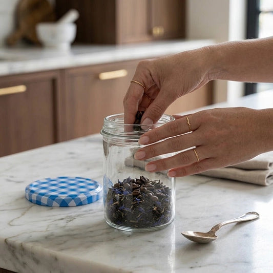 Clear glass storage jar with lid being opened on a marble kitchen worktop