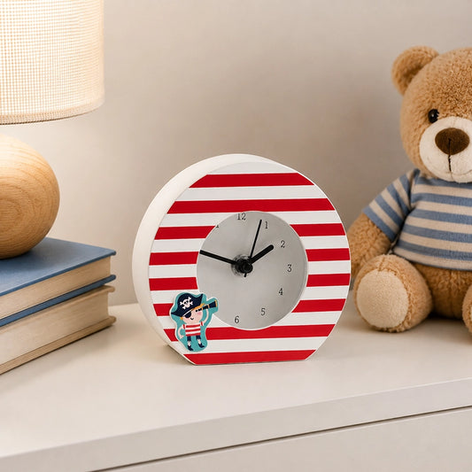 Colourful table clock with red striped frame and decorative figure