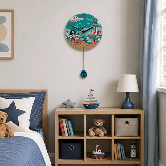 Bright wall clock above kids storage shelves with toys and books