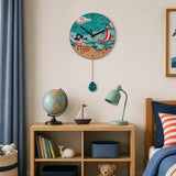 Colourful wall clock above wooden storage unit in kids room