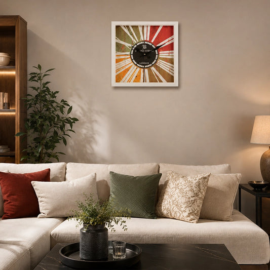 Colourful wooden wall clock above sofa in warm living room