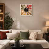 Colourful wooden wall clock above sofa in warm living room