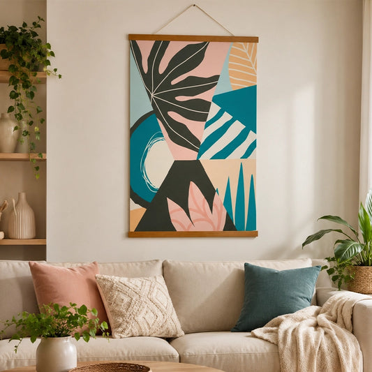 Colourful abstract canvas wall art with bold botanical and geometric shapes displayed above a neutral sofa
