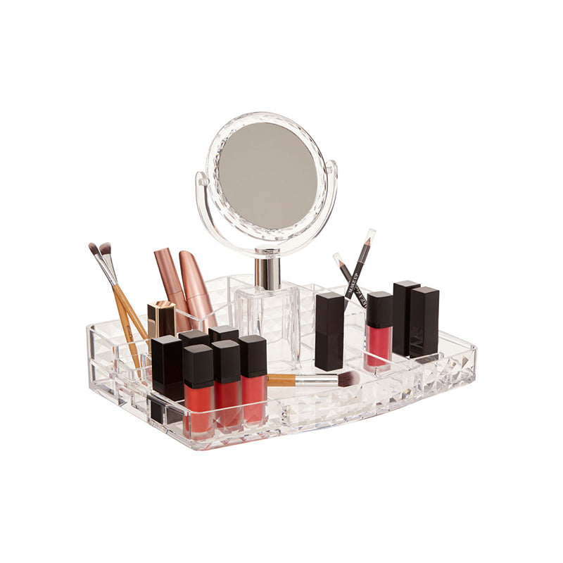 Modern cosmetic organizer with mirror, ideal for storing makeup essentials.