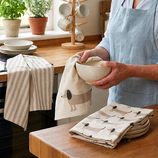 Person folding cream cotton kitchen tea towels with a subtle botanical print in a bright kitchen