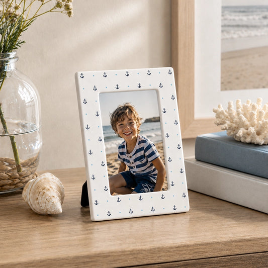 Cream photo frame with dotted border displaying portrait photograph