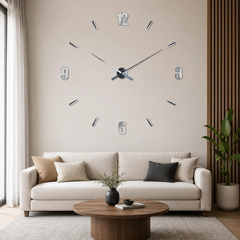 DIY mirrored wall clock with silver numbers above living room sofa