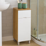 Wood and white floor standing bathroom cabinet beside shower