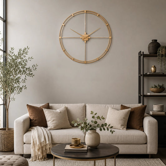 Gold metal wall clock with open frame above sofa and side table