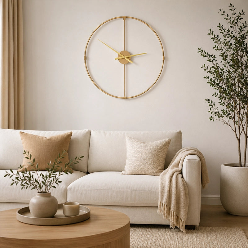 Gold metal wall clock with open face above sofa and round coffee table