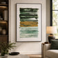 Large green and gold abstract canvas wall art with layered brushstroke design in a modern living room