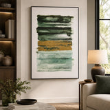Large green and gold abstract canvas wall art with layered brushstroke design in a modern living room