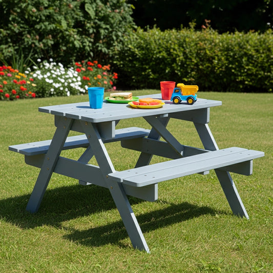 Grey kids picnic bench with table and seating in garden outdoor play area