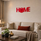Red home design wall clock above beige sofa in living room