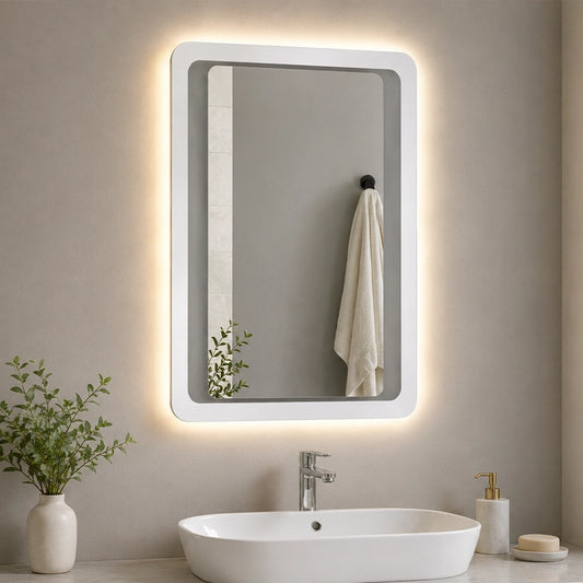 Illuminated rectangular wall mirror with LED light in modern bathroom